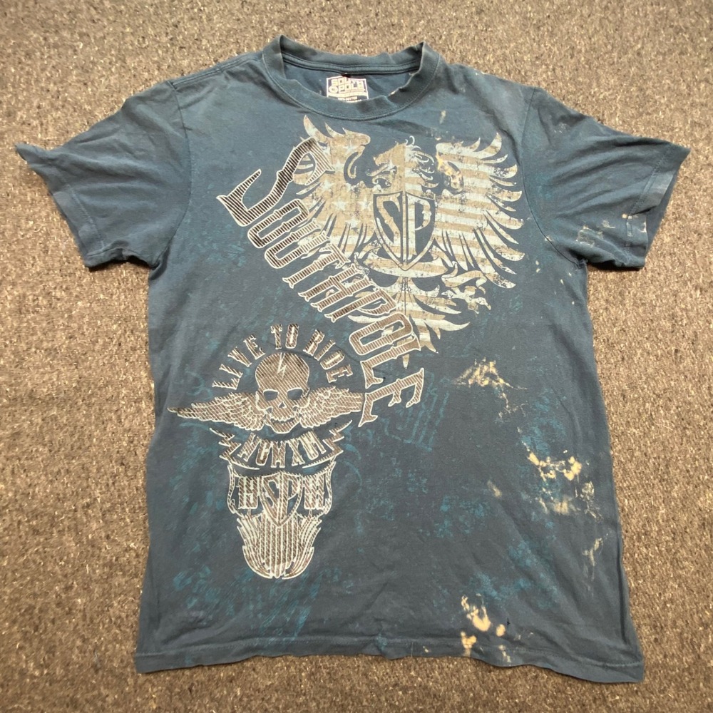 Southpole Shirt M Mens Blue Graphic Tee Live To Ride Skull Eagle Distressed Y2K